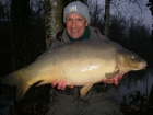 30lbs 2oz Mirror Carp from Sweet Chestnut Lake. Waggler in 12ft deep corner of lake, with cooked maize as hookbait.
